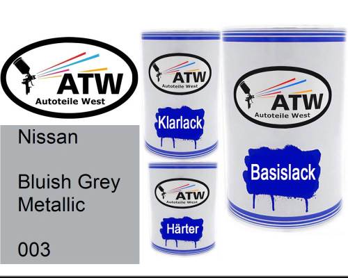 Nissan, Bluish Grey Metallic, 003: 500ml Lackdose + 500ml Klarlack + 250ml Härter - Set, von ATW Autoteile West.